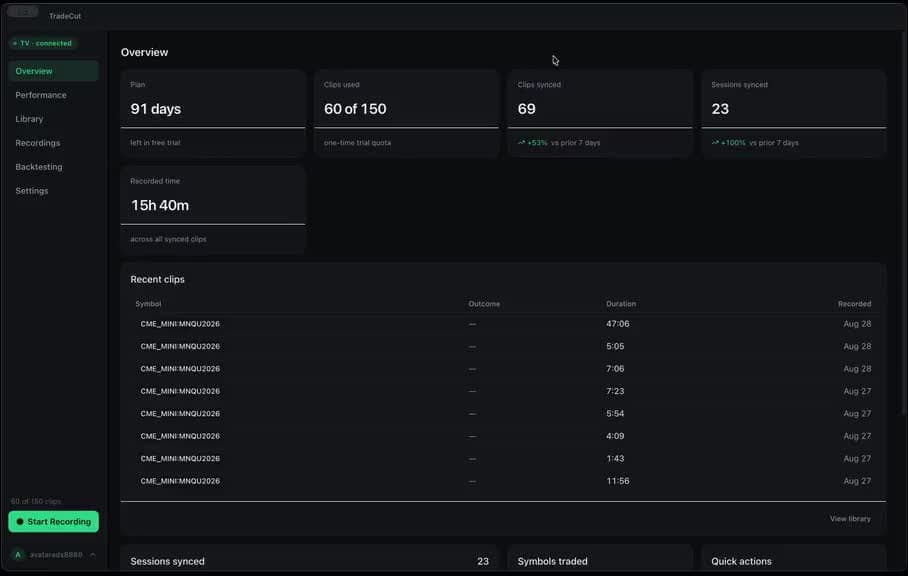TradeCut dashboard listing recent trades as clips